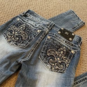 Miss Me Fleur De Lis Mid-Rise Skinny MP572854 Thick Stitch Denim Blue Jeans 27